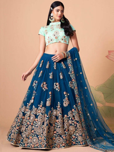 Superb Sapphire Blue Dori Work Net Designer Lehenga Choli